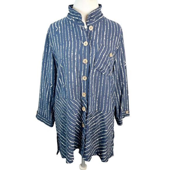John Mark Blue Striped Tunic Artsy Boho Asymmetrical Accents Wire Collar Size M - Picture 1 of 9